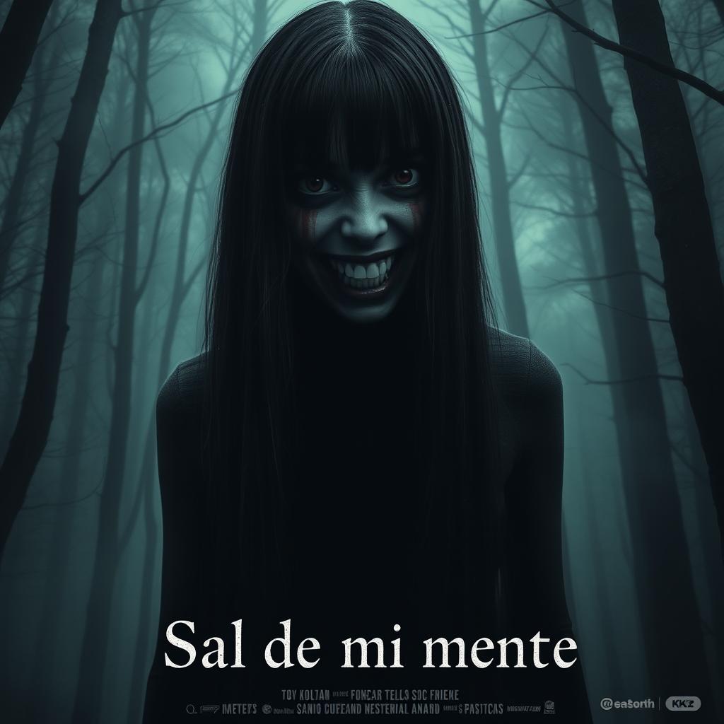 A movie poster for the film titled "Sal de mi mente" featuring a spectral woman who is very tall with long black straight hair and wide eyes highlighted by a huge grin, stained with red paint