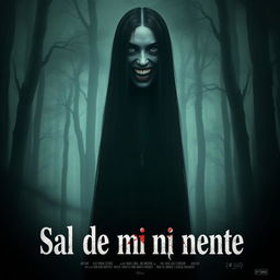 A movie poster for the film titled "Sal de mi mente" featuring a spectral woman who is very tall with long black straight hair and wide eyes highlighted by a huge grin, stained with red paint