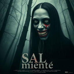 A movie poster for the film titled "Sal de mi mente" featuring a spectral woman who is very tall with long black straight hair and wide eyes highlighted by a huge grin, stained with red paint