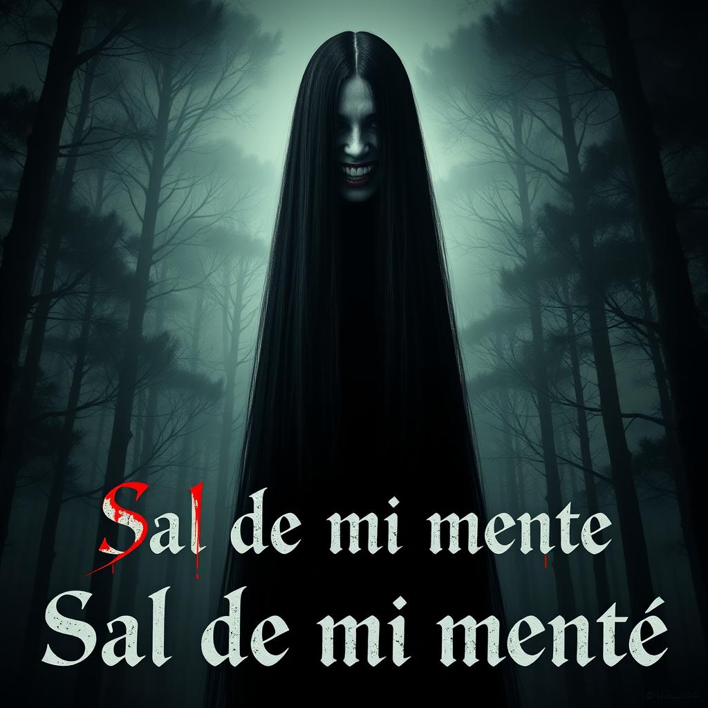 A movie poster for the film titled "Sal de mi mente" featuring a spectral woman who is very tall with long black straight hair and wide eyes highlighted by a huge grin, stained with red paint