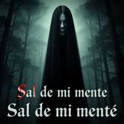 A movie poster for the film titled "Sal de mi mente" featuring a spectral woman who is very tall with long black straight hair and wide eyes highlighted by a huge grin, stained with red paint