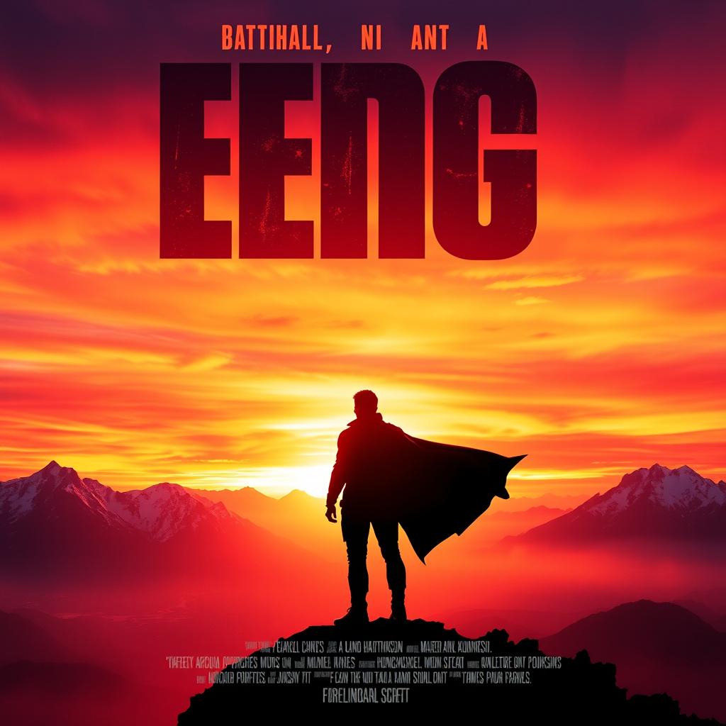 A dramatic and visually striking movie poster, featuring a silhouette of a lone hero standing atop a mountain during a vibrant sunset