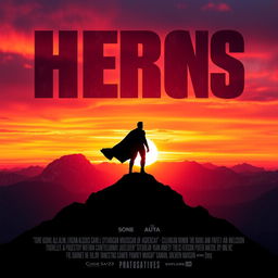 A dramatic and visually striking movie poster, featuring a silhouette of a lone hero standing atop a mountain during a vibrant sunset