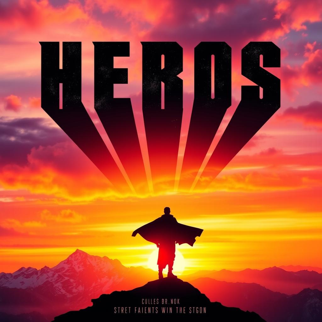 A dramatic and visually striking movie poster, featuring a silhouette of a lone hero standing atop a mountain during a vibrant sunset