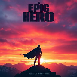 A dramatic and visually striking movie poster, featuring a silhouette of a lone hero standing atop a mountain during a vibrant sunset