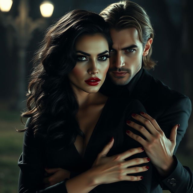 A vampire woman with a captivating blend of Eiza Gonzalez and Monica Bellucci features, adorned with red lipstick and black sultry eyes