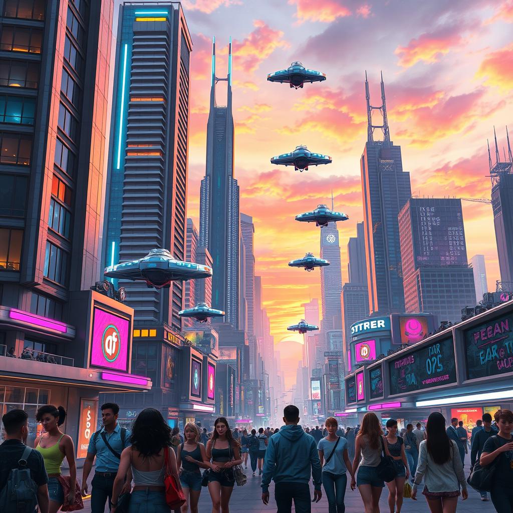 A futuristic cityscape with flying cars zipping between towering skyscrapers