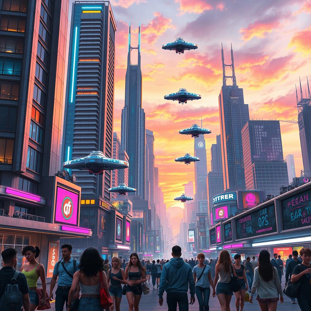 A futuristic cityscape with flying cars zipping between towering skyscrapers