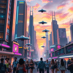 A futuristic cityscape with flying cars zipping between towering skyscrapers