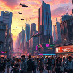 A futuristic cityscape with flying cars zipping between towering skyscrapers