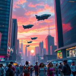 A futuristic cityscape with flying cars zipping between towering skyscrapers