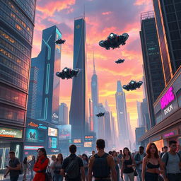 A futuristic cityscape with flying cars zipping between towering skyscrapers