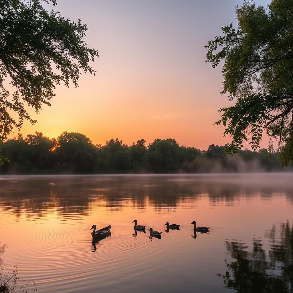 A serene riverside landscape at sunrise, featuring a calm river reflecting the golden and pink hues of the early morning sky