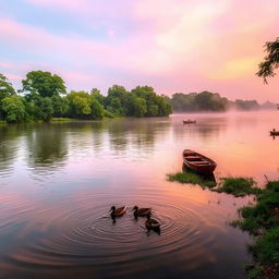 A serene riverside landscape at sunrise, featuring a calm river reflecting the golden and pink hues of the early morning sky