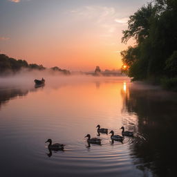 A serene riverside landscape at sunrise, featuring a calm river reflecting the golden and pink hues of the early morning sky