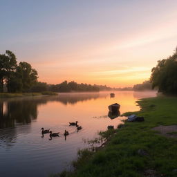 A serene riverside landscape at sunrise, featuring a calm river reflecting the golden and pink hues of the early morning sky