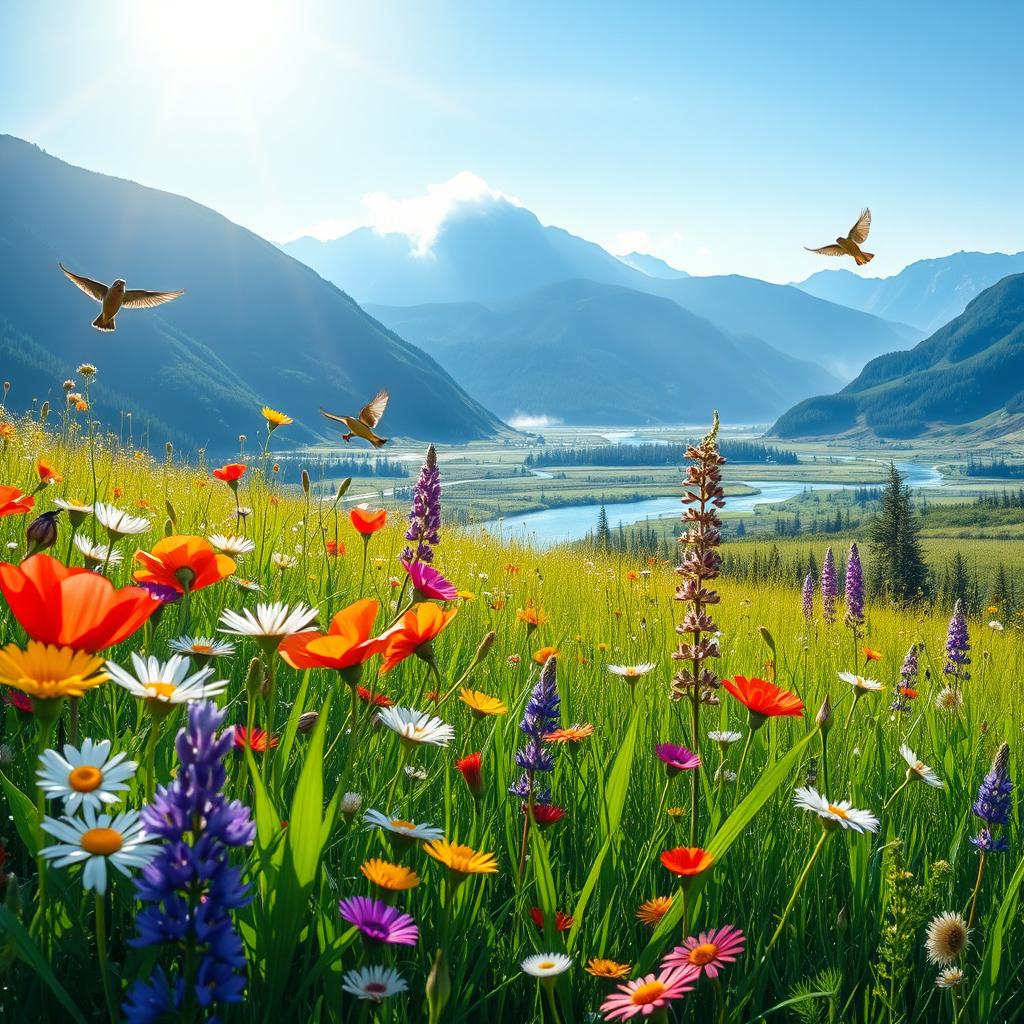 A vibrant meadow filled with wildflowers blooms under the radiant sun