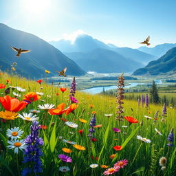 A vibrant meadow filled with wildflowers blooms under the radiant sun