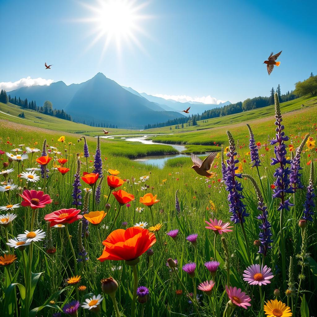 A vibrant meadow filled with wildflowers blooms under the radiant sun