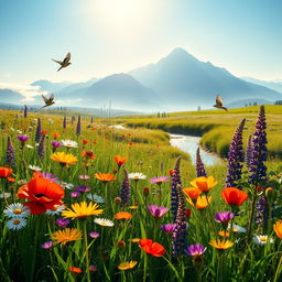 A vibrant meadow filled with wildflowers blooms under the radiant sun