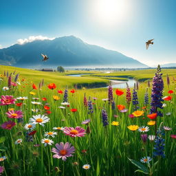 A vibrant meadow filled with wildflowers blooms under the radiant sun