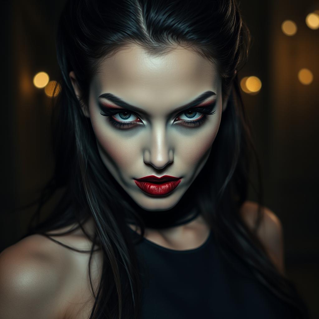 A vampire woman combining the alluring features of Eiza Gonzalez and Minka Kelly, with captivating wine lipstick and sultry eyes