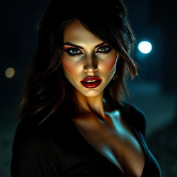 A vampire woman combining the alluring features of Eiza Gonzalez and Minka Kelly, with captivating wine lipstick and sultry eyes