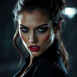 A vampire woman combining the alluring features of Eiza Gonzalez and Minka Kelly, with captivating wine lipstick and sultry eyes