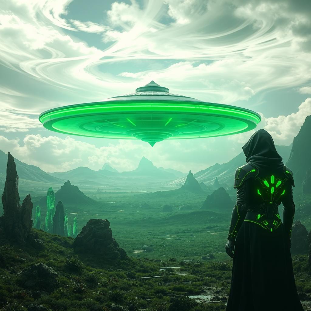 A futuristic landscape with mysterious alien technology hovering in the sky, featuring a glowing green hue that bathes the area in an eerie light