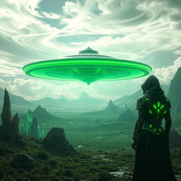 A futuristic landscape with mysterious alien technology hovering in the sky, featuring a glowing green hue that bathes the area in an eerie light