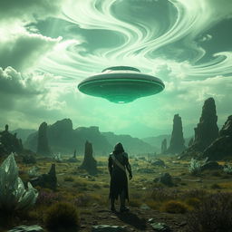 A futuristic landscape with mysterious alien technology hovering in the sky, featuring a glowing green hue that bathes the area in an eerie light