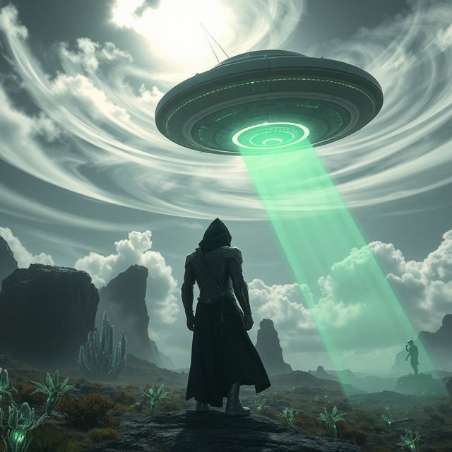 A futuristic landscape with mysterious alien technology hovering in the sky, featuring a glowing green hue that bathes the area in an eerie light