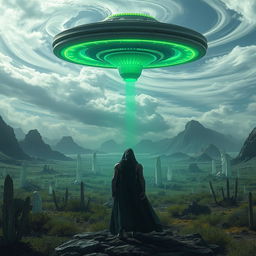 A futuristic landscape with mysterious alien technology hovering in the sky, featuring a glowing green hue that bathes the area in an eerie light