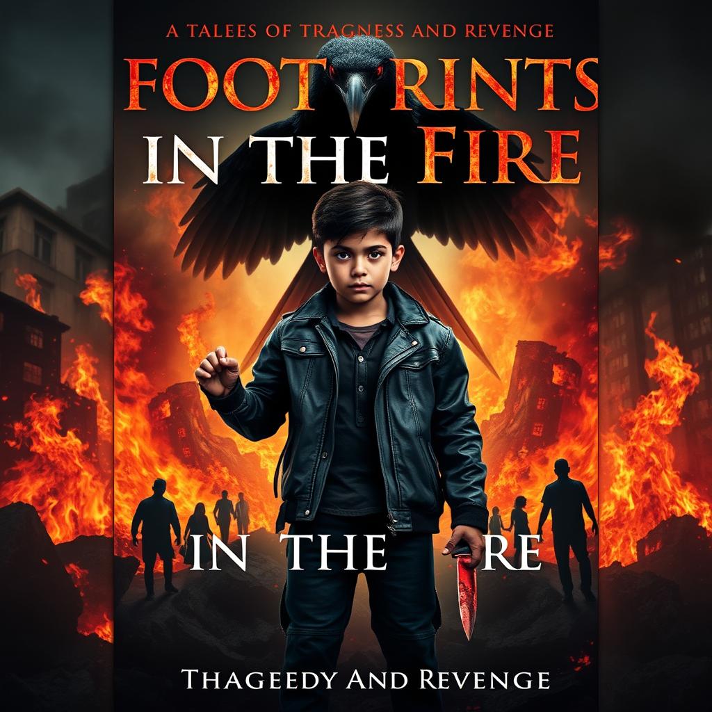 A powerful book cover featuring Rafi, a 12-year-old boy with a European-Indonesian appearance, standing defiantly amidst raging flames