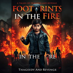 A powerful book cover featuring Rafi, a 12-year-old boy with a European-Indonesian appearance, standing defiantly amidst raging flames