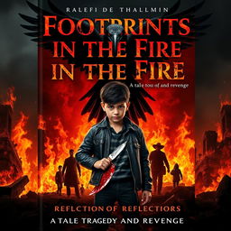 A powerful book cover featuring Rafi, a 12-year-old boy with a European-Indonesian appearance, standing defiantly amidst raging flames