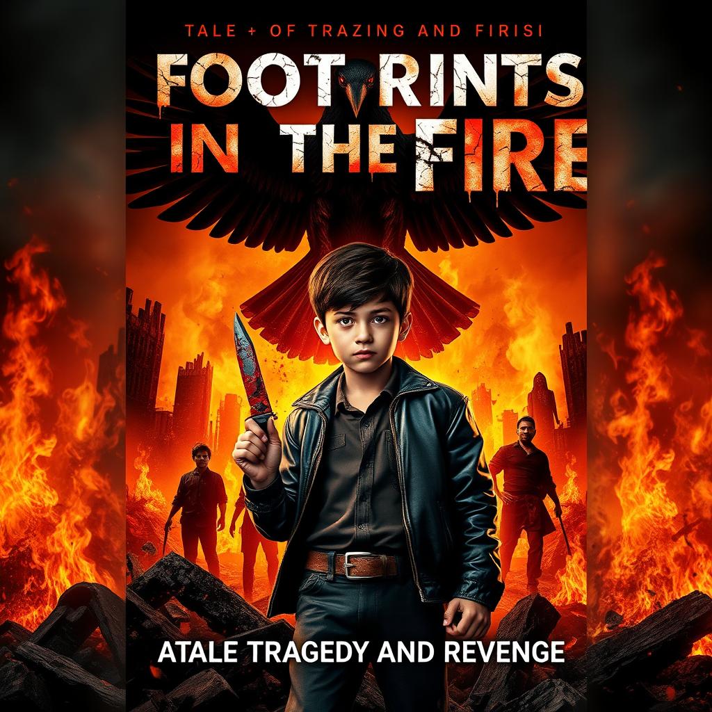 A powerful book cover featuring Rafi, a 12-year-old boy with a European-Indonesian appearance, standing defiantly amidst raging flames