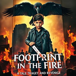 A powerful book cover featuring Rafi, a 12-year-old boy with a European-Indonesian appearance, standing defiantly amidst raging flames