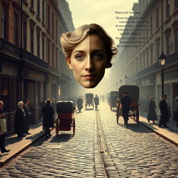 A Victorian London street with a depiction of duality, featuring split faces showing light and darkness