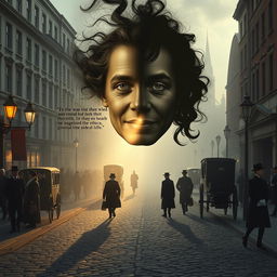 A Victorian London street with a depiction of duality, featuring split faces showing light and darkness