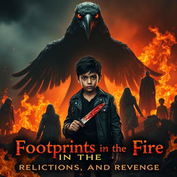 A 12-year-old boy named Rafi with a European-Indonesian appearance stands defiantly in the midst of raging flames