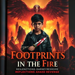 A 12-year-old boy named Rafi with a European-Indonesian appearance stands defiantly in the midst of raging flames