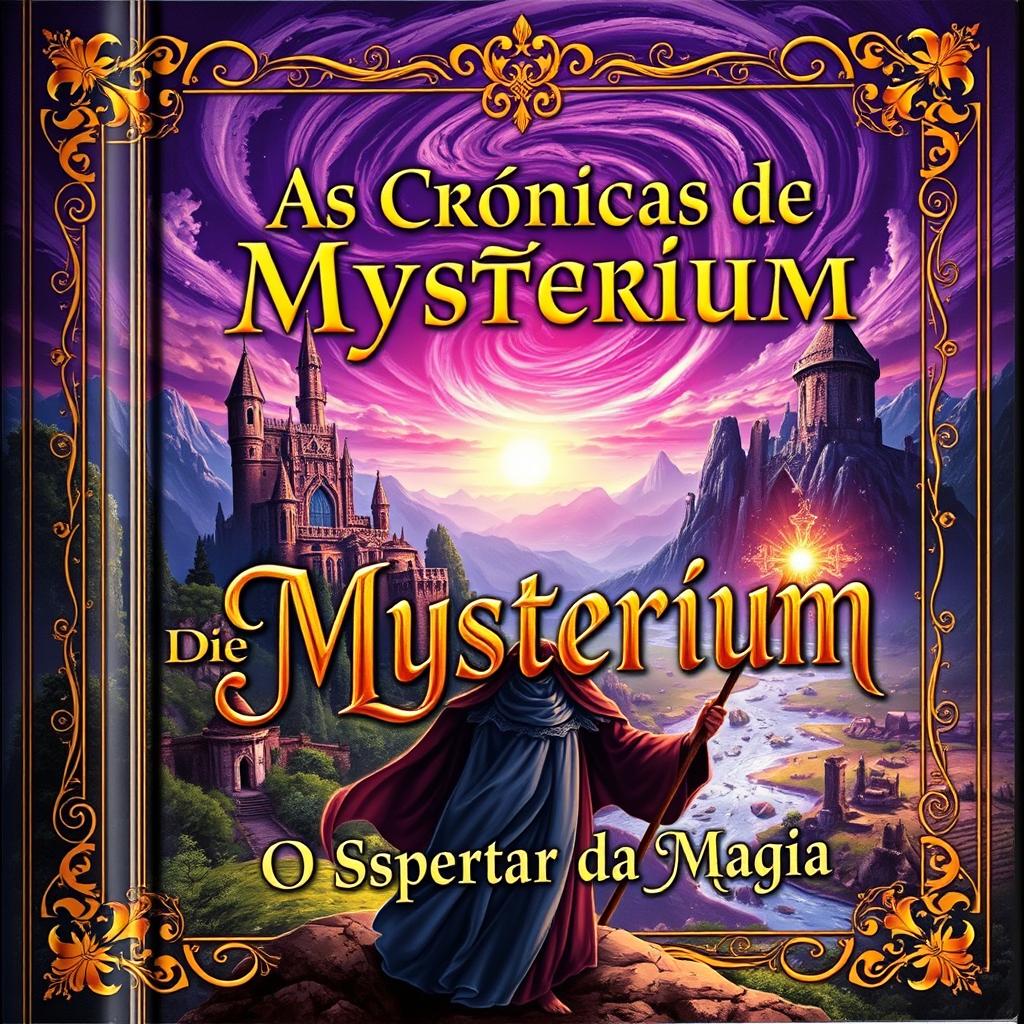 A mesmerizing book cover for a fantasy novel titled: "As Crônicas de Mystérium; O Despertar da Magia"