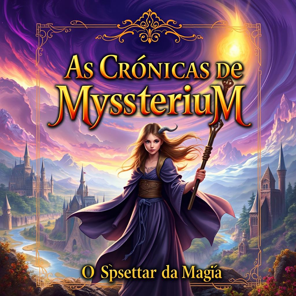 A mesmerizing book cover for a fantasy novel titled: "As Crônicas de Mystérium; O Despertar da Magia"