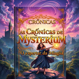 A mesmerizing book cover for a fantasy novel titled: "As Crônicas de Mystérium; O Despertar da Magia"