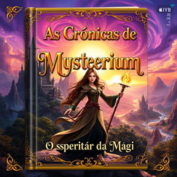 A mesmerizing book cover for a fantasy novel titled: "As Crônicas de Mystérium; O Despertar da Magia"