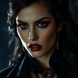 A vampire woman with an enchanting blend of Eiza Gonzalez and Minka Kelly's features, wearing rich wine lipstick and mesmerizing black sultry eyes