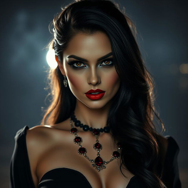 A vampire woman with an enchanting blend of Eiza Gonzalez and Minka Kelly's features, wearing rich wine lipstick and mesmerizing black sultry eyes