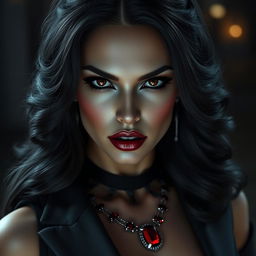 A vampire woman with an enchanting blend of Eiza Gonzalez and Minka Kelly's features, wearing rich wine lipstick and mesmerizing black sultry eyes