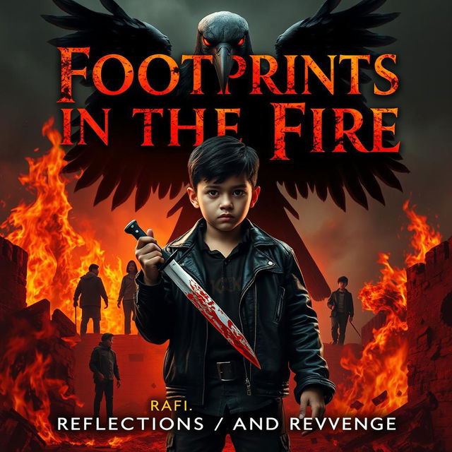 A 12-year-old boy named Rafi with a European-Indonesian appearance stands defiantly in the midst of raging flames